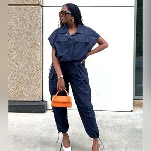 Zara Parachute Blouse and Cargo Pants With Pockets Navy Blue Size XS / Small